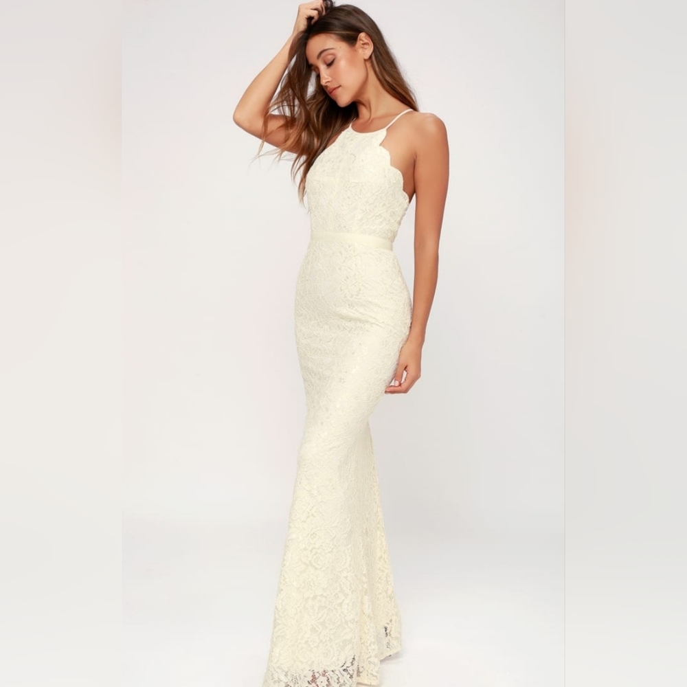 Lulu's Cream Lace Halter Bridal Gown